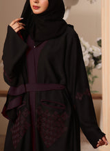 Black and Maroon Machine Embroidery Nida Fabric Front Open Abaya - 0116-K-300 Hijabulhareem