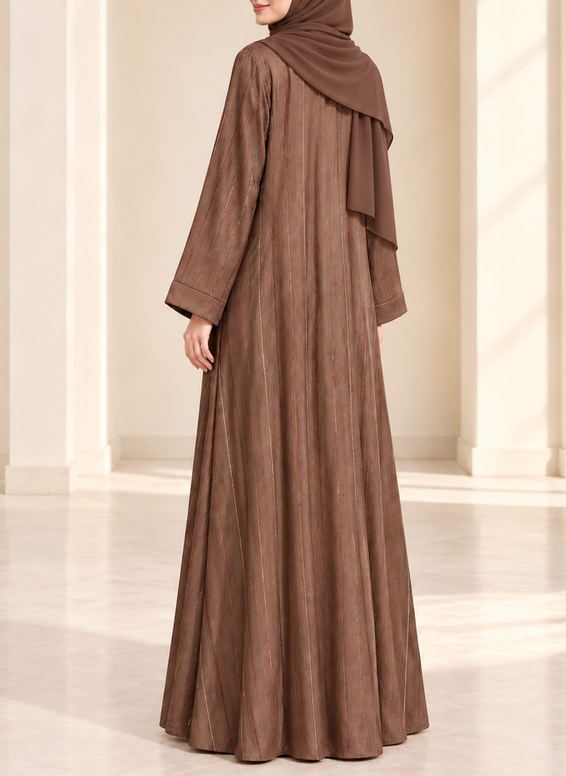 Mocha Brown Zari Stripe Front Open Abaya | 0116-PR-1223