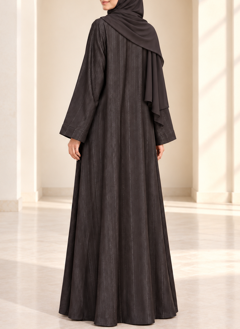 Dark Charcoal Zari Stripe Front Open Abaya | 0116-PR-1223