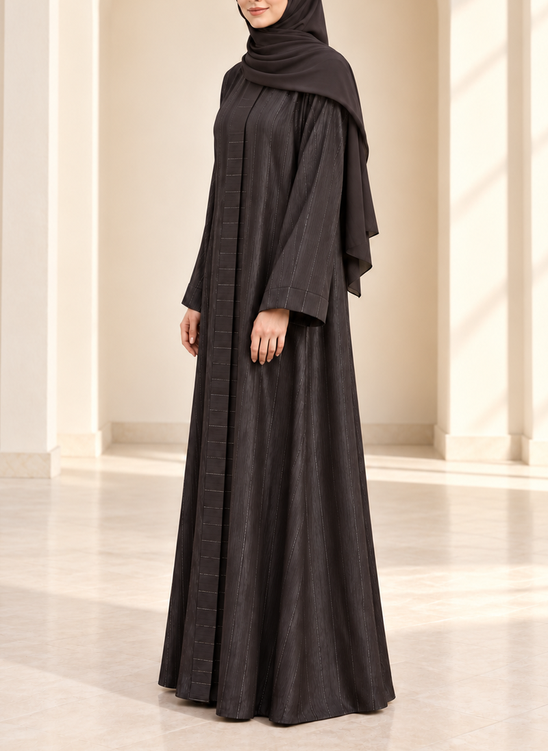 Dark Charcoal Zari Stripe Front Open Abaya | 0116-PR-1223