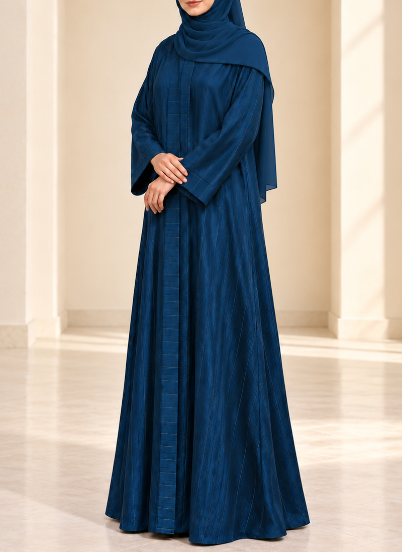 Petrol Blue Zari Stripe Front Open Abaya | 0116-PR-1223