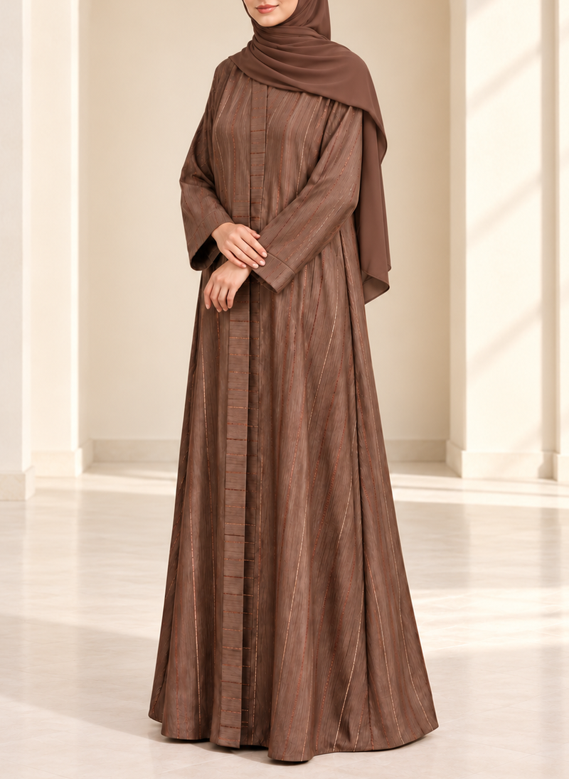 Mocha Brown Zari Stripe Front Open Abaya | 0116-PR-1223