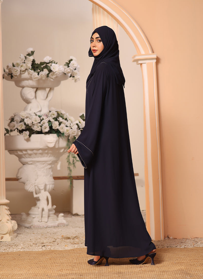 Navy Blue Double Georgette Front Open Ribbon Abaya