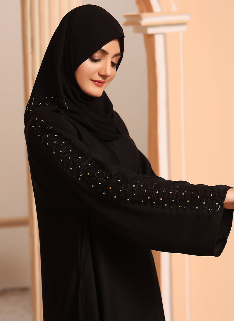 Fabric Stone Work Front Open Abaya Media