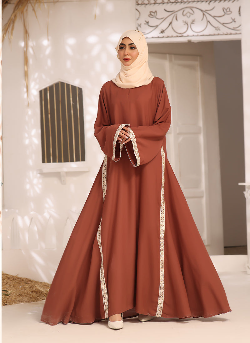 Copper Double Georgette Front Closed Lace Work Abaya 