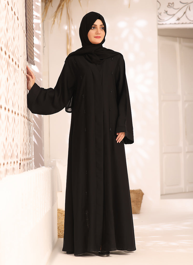Black Nida Fabric Hand Work Front Open Abaya