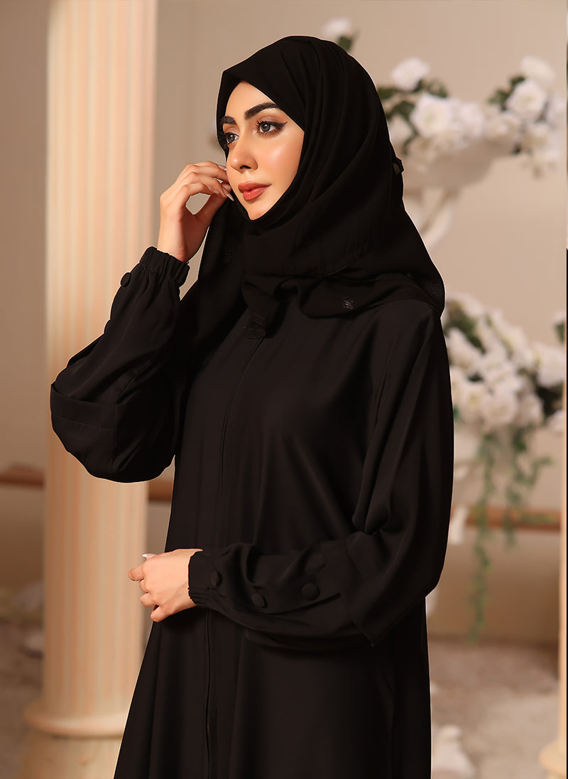Black Nida Fabric Front Open Abaya