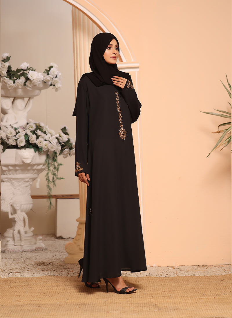 Black Double Georgette Front Closed Hand Work Abaya - 0120-J-254