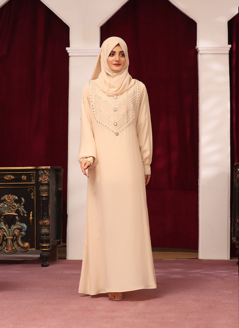 Cream Color Double Georgette Front Closed Lace Work Abaya