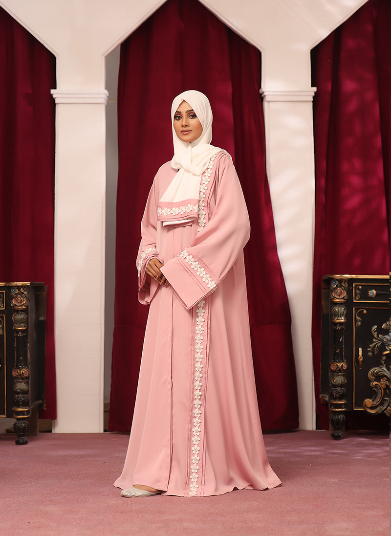 Nooriya: Pink Floral Bliss Lace Work Nida Fabric Front Open Abaya