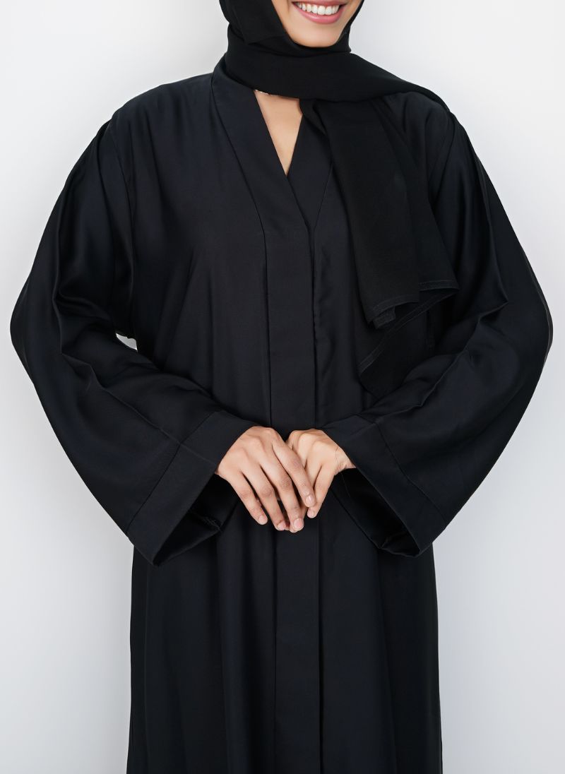 Black Hidden Placket Front Open Nida Abaya 0116-PR