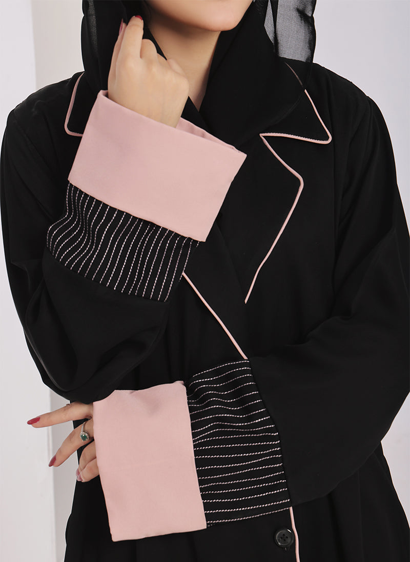 Black & Pink Nida Coat Style Abaya - 0119-R-1002 Hijabulhareem