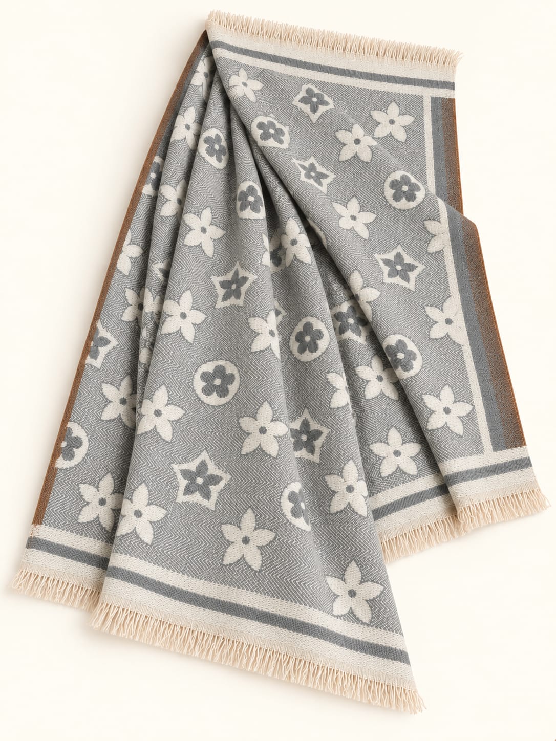 Elegant Floral Wool Winter Scarf – Medium Grey