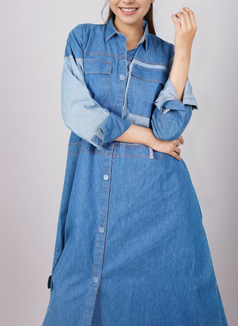 Flap Pocket Denim Abaya - 0119-R-192 Hijabulhareem