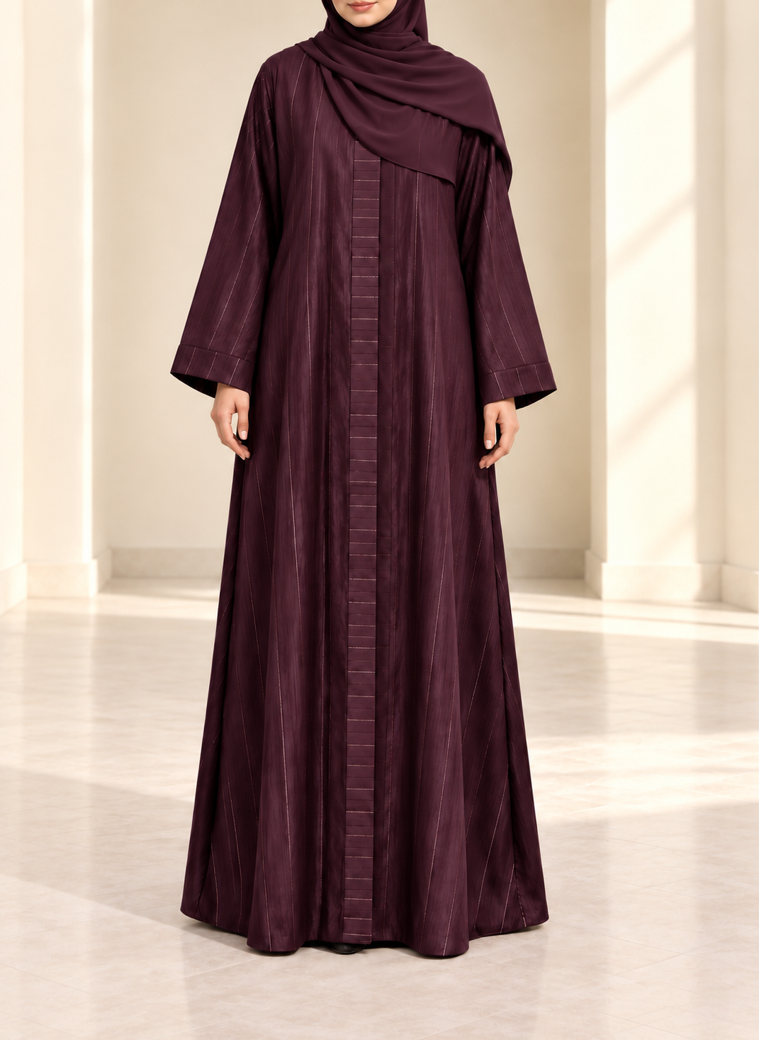 Mulberry Zari Stripe Front Open Abaya | 0116-PR-1223