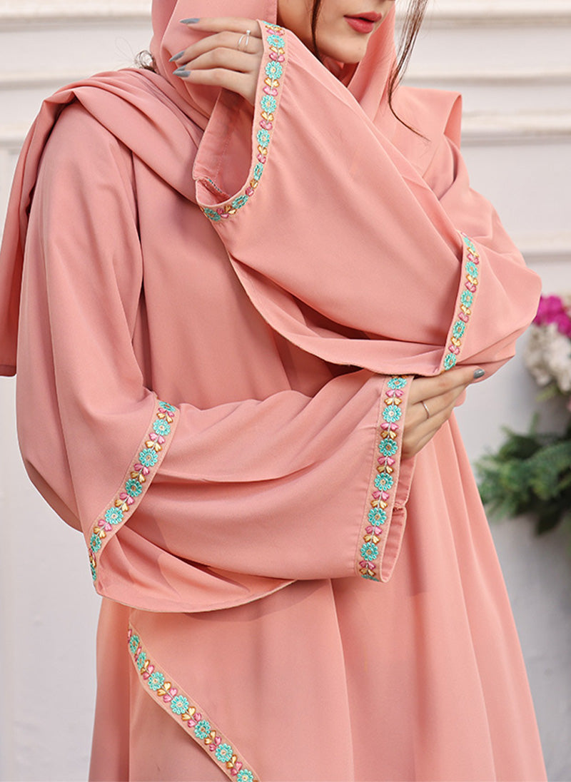Lace Work Front Close Abaya Soft Pink 0120-R-718