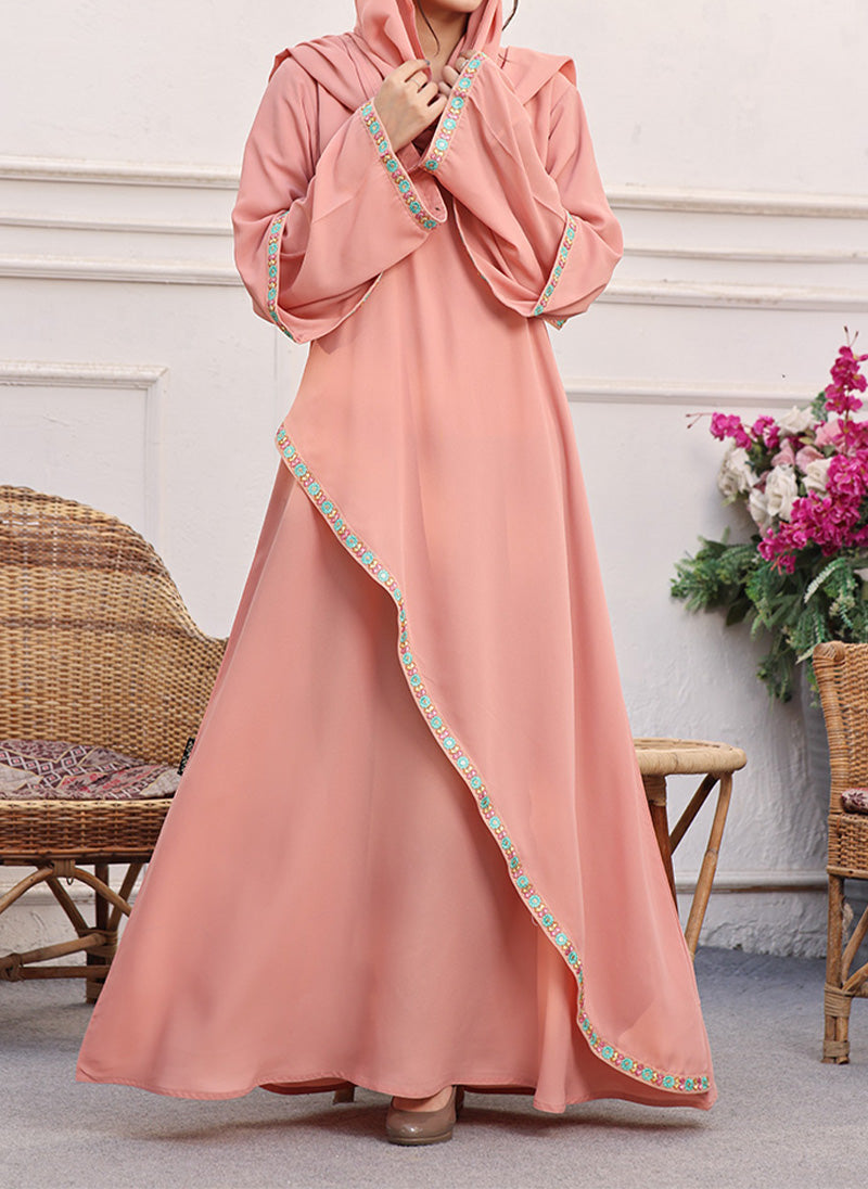 Lace Work Front Close Abaya Soft Pink 0120-R-718
