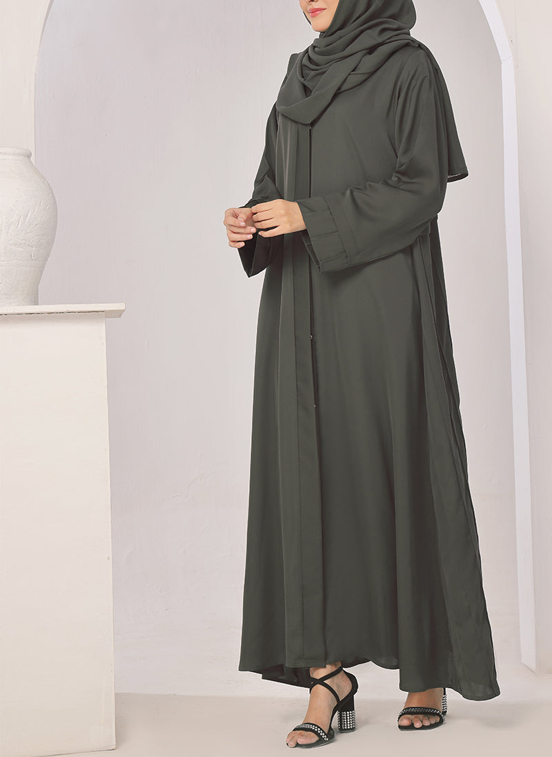 Plates Front Open Grey Abaya - 0116-R-722 Hijabulhareem
