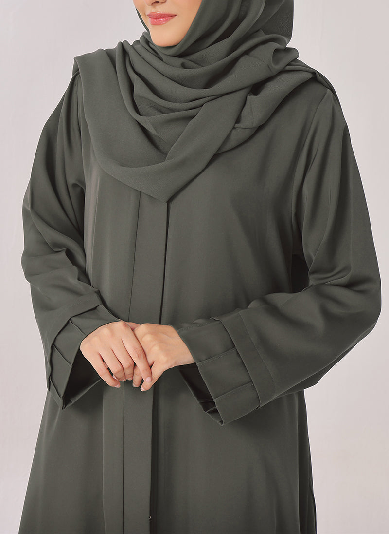 Plates Front Open Grey Abaya - 0116-R-722 Hijabulhareem