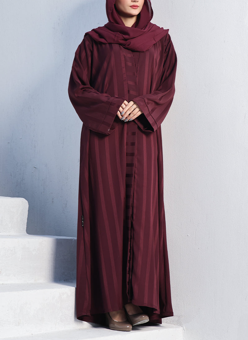 Embossed Zoom Front Open Abaya Merlot 0116-PR-707 Hijab-ul-hareem