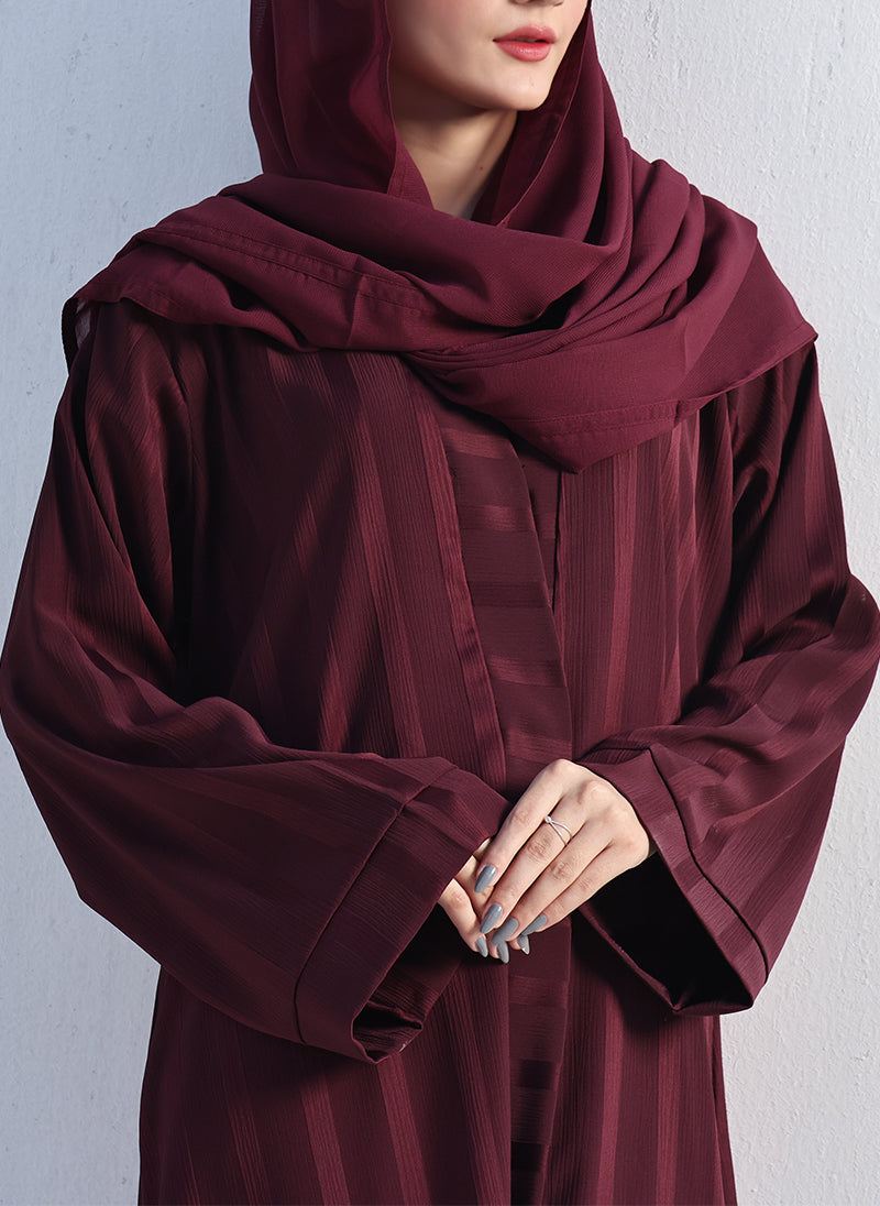 Embossed Zoom Front Open Abaya Merlot 0116-PR-707 Hijab-ul-hareem