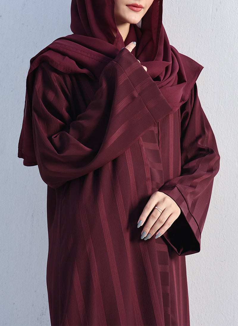 Embossed Zoom Front Open Abaya Merlot 0116-PR-707 Hijab-ul-hareem