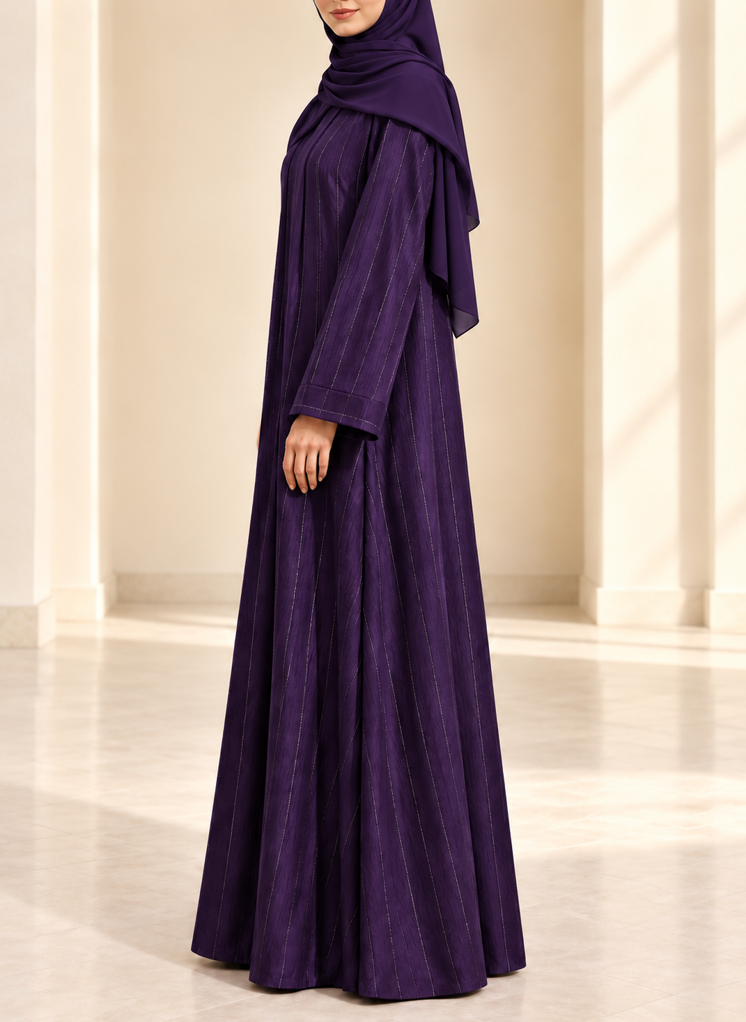 Aubergine Purple Zari Stripe Front Open Abaya | 0116-PR-1223