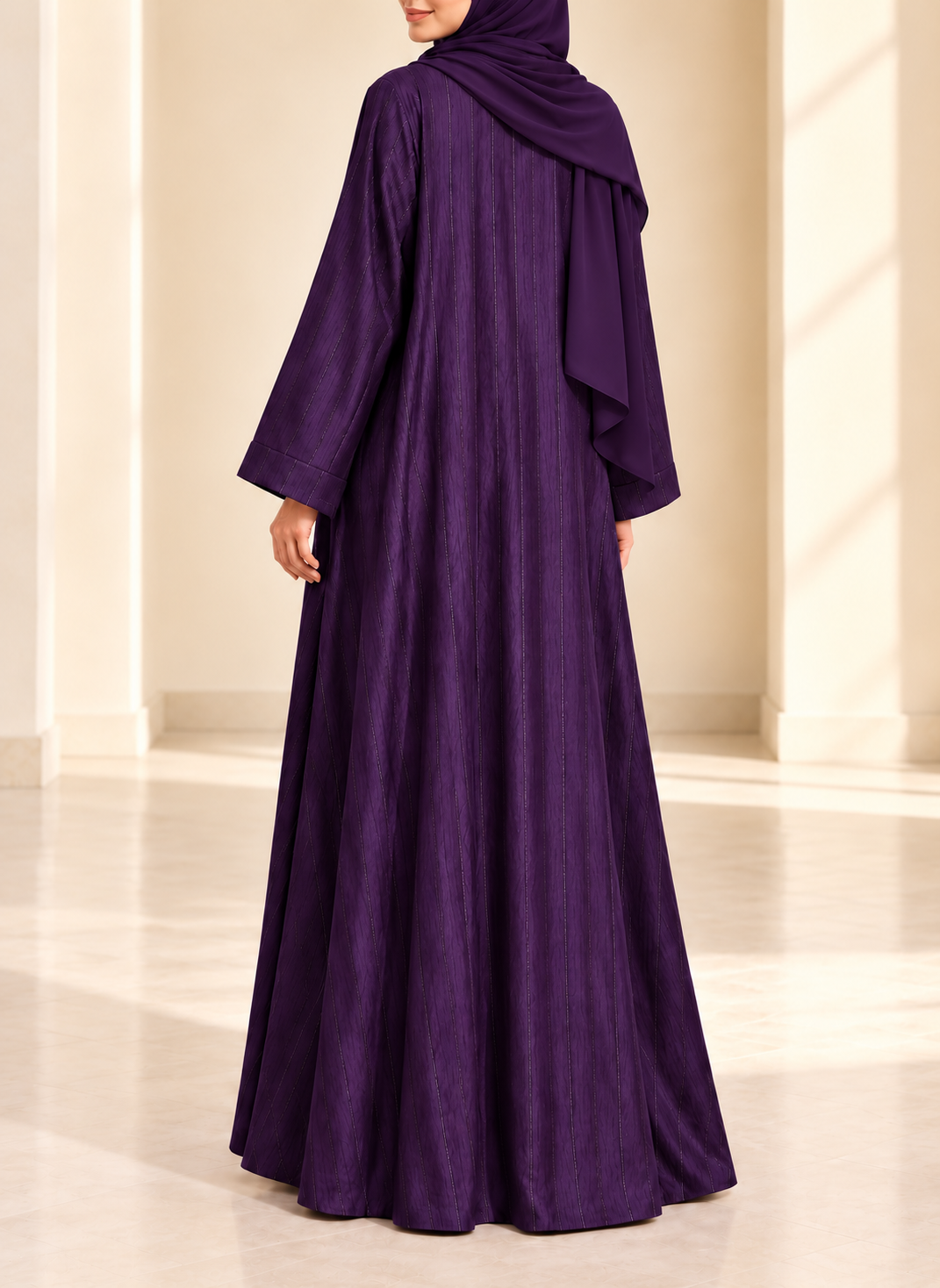 Aubergine Purple Zari Stripe Front Open Abaya | 0116-PR-1223