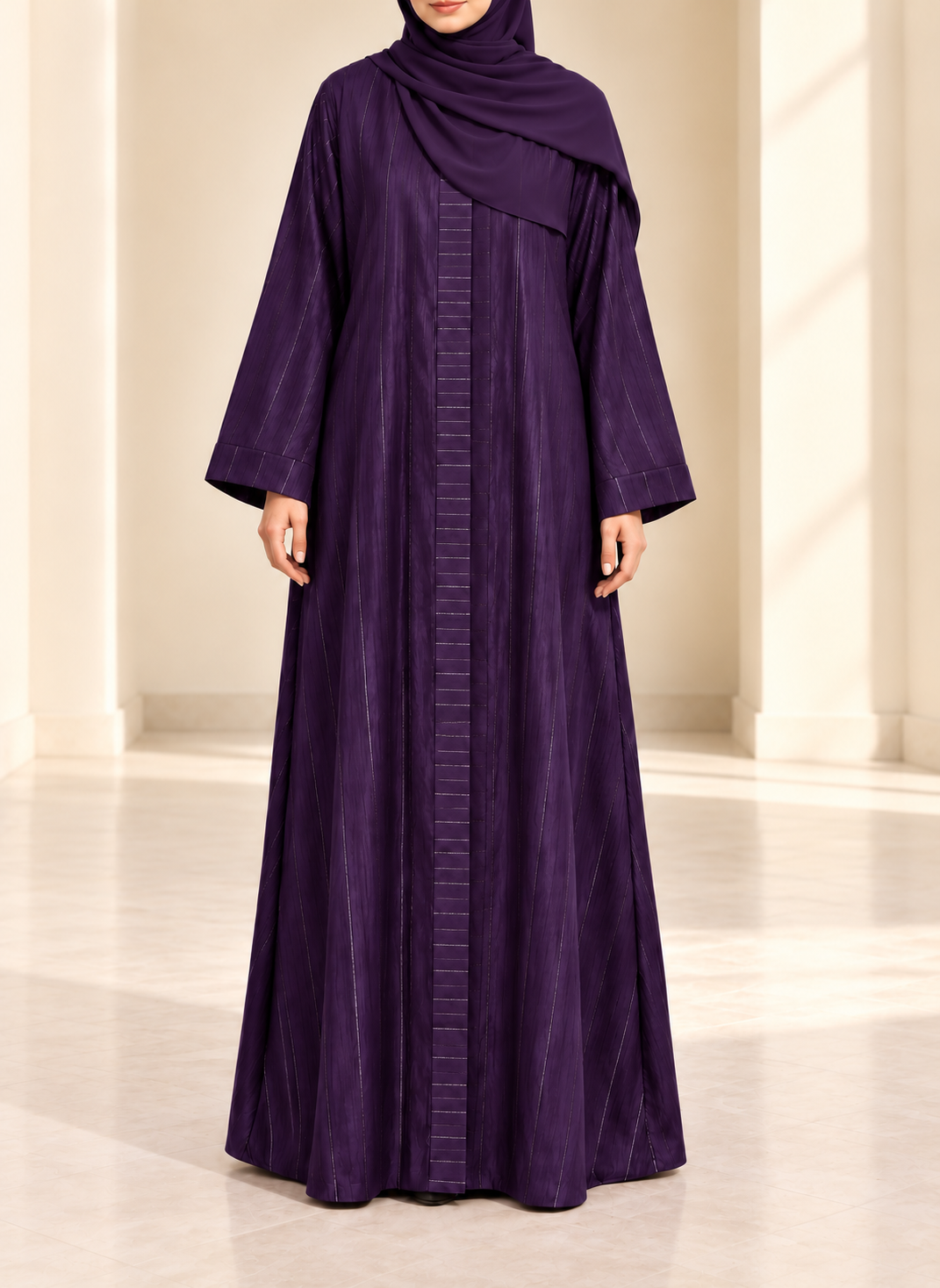 Aubergine Purple Zari Stripe Front Open Abaya | 0116-PR-1223