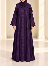 Aubergine Purple Zari Stripe Front Open Abaya | 0116-PR-1223