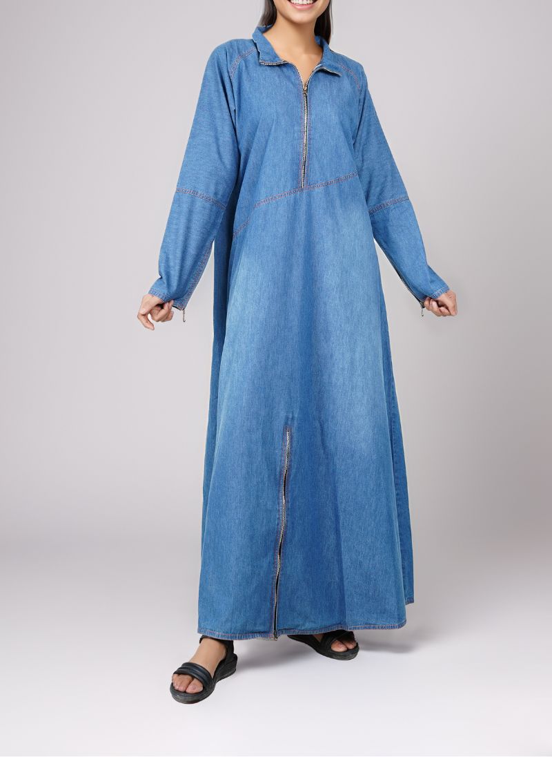 Zip Front-Open Denim Abaya - 0120-R-193 Hijabulhareem