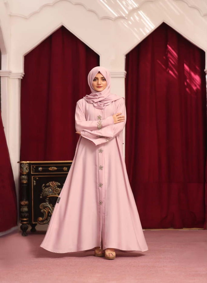 Nooriya: Pink Nida Fabric Hand Work Front Open Abaya