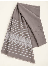Dark Grey Turkish lawn scarf with white stripes and fringed edges by Hijab ul Hareem, flat-lay showing fabric and stripe details