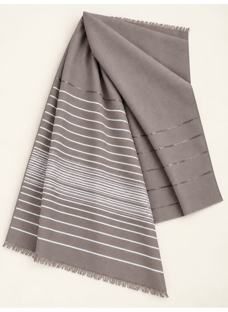 Dark Grey Turkish lawn scarf with white stripes and fringed edges by Hijab ul Hareem, flat-lay showing fabric and stripe details