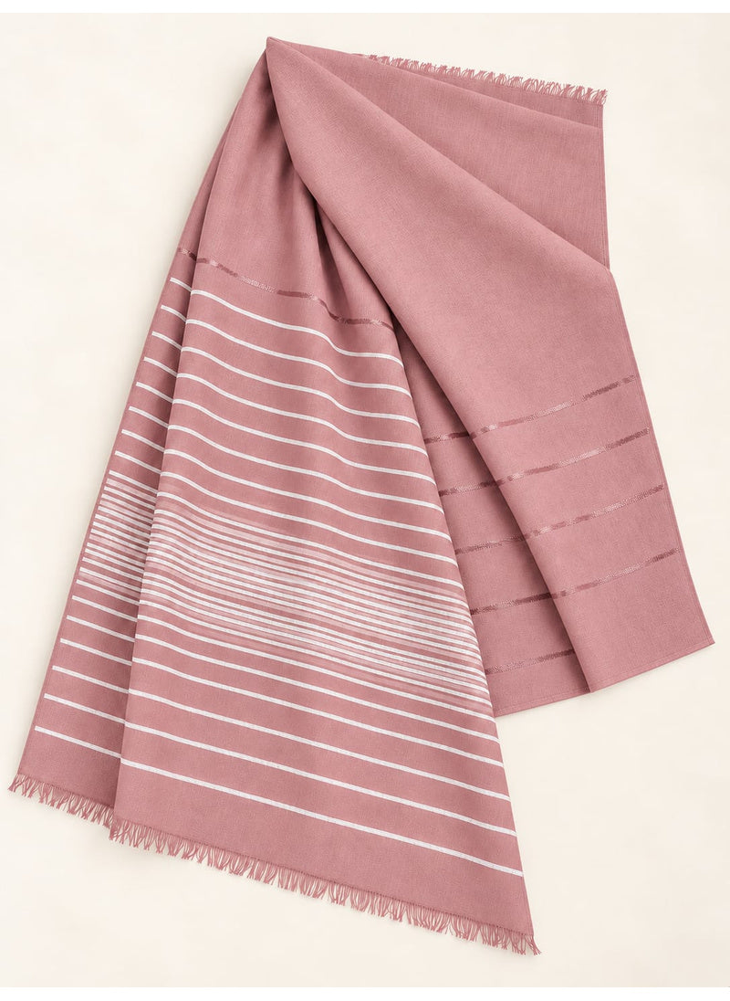 Dusty Rose Turkish lawn scarf with white stripes and fringed edges by Hijab ul Hareem, flat-lay showing fabric and stripe details