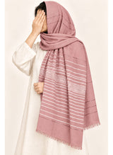 Dusty Rose Turkish lawn scarf with white stripes and fringed edges by Hijab ul Hareem, worn as a hijab