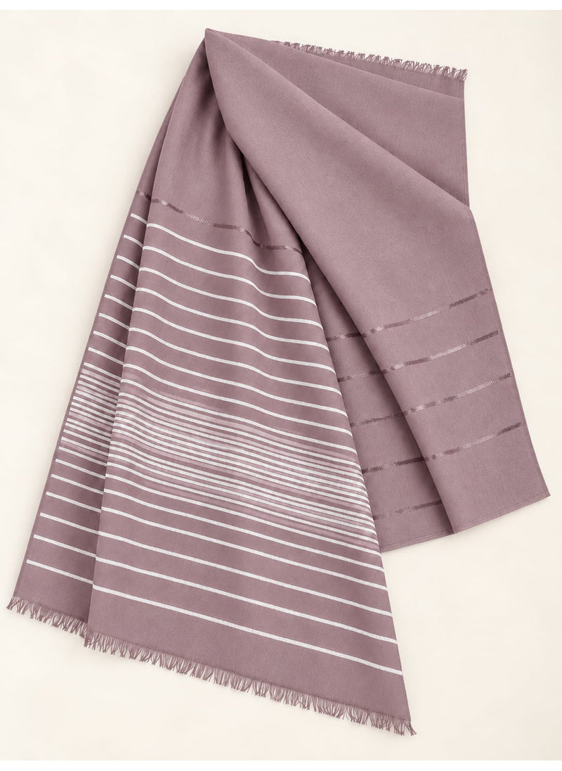 Mauve Turkish lawn scarf with white stripes and fringed edges by Hijab ul Hareem, flat-lay showing fabric and stripe details