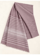 Mauve Turkish lawn scarf with white stripes and fringed edges by Hijab ul Hareem, flat-lay showing fabric and stripe details