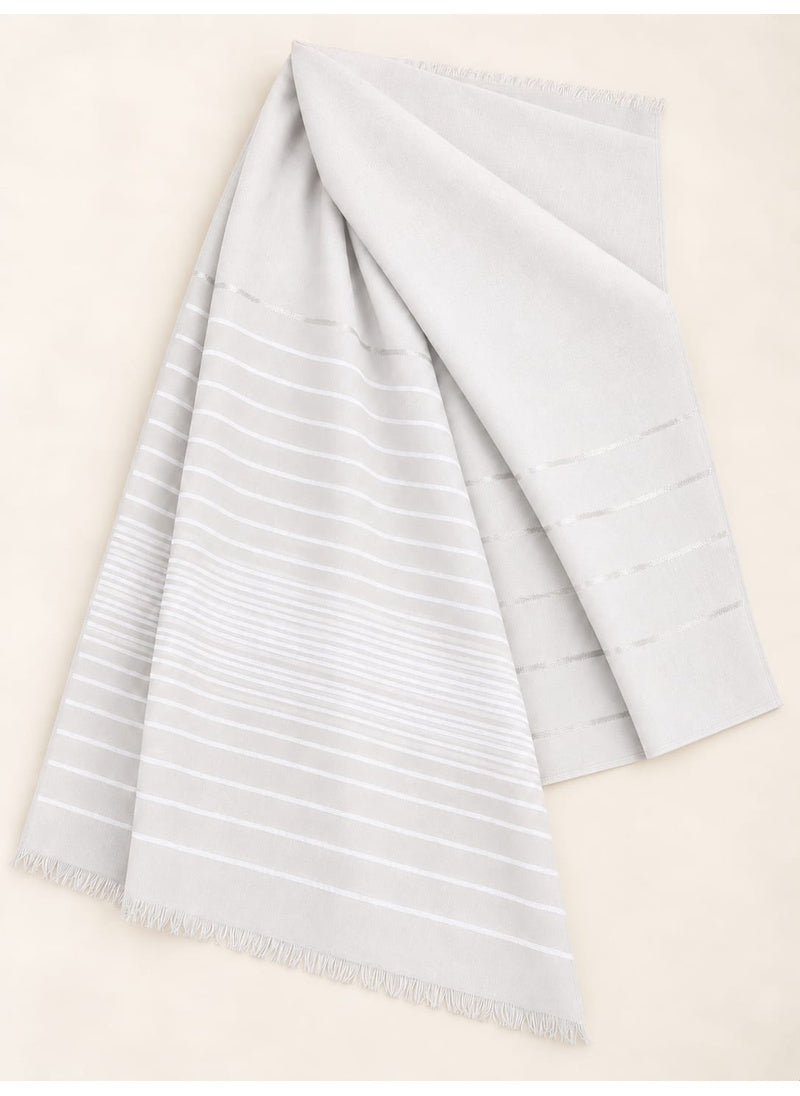 White Turkish lawn scarf with subtle grey stripes and fringed edges by Hijab ul Hareem, flat-lay showing fabric and stripe details