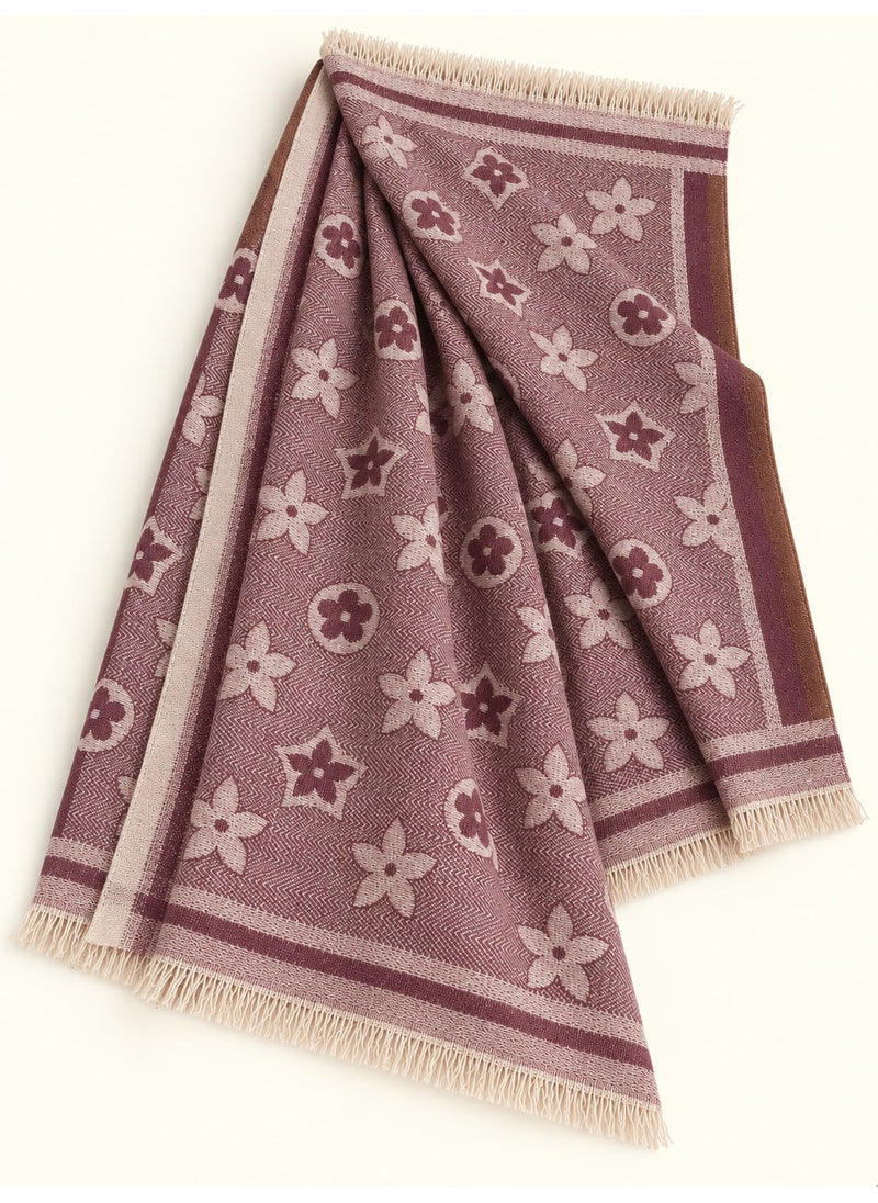 Burgundy floral wool winter scarf, 31 x 72 inches, flat-lay showing floral pattern, borders and fringed ends | Hijab Ul Hareem