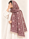 Burgundy floral wool winter scarf, 31 x 72 inches, worn by a model | Hijab Ul Hareem