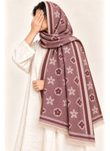 Burgundy floral wool winter scarf, 31 x 72 inches, worn by a model | Hijab Ul Hareem