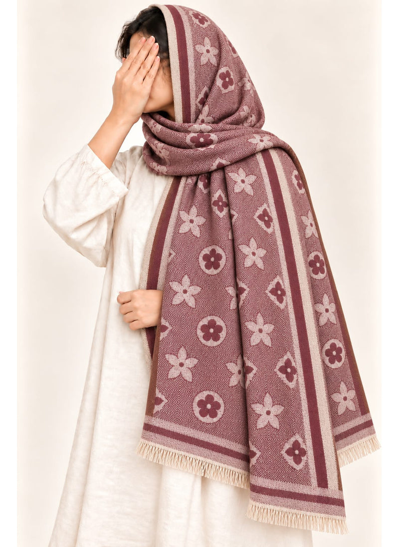 Burgundy floral wool winter scarf, 31 x 72 inches, worn by a model | Hijab Ul Hareem
