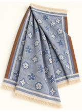 Denim Blue floral wool winter scarf, 31 x 72 inches, flat-lay showing floral pattern, borders and fringed ends | Hijab Ul Hareem