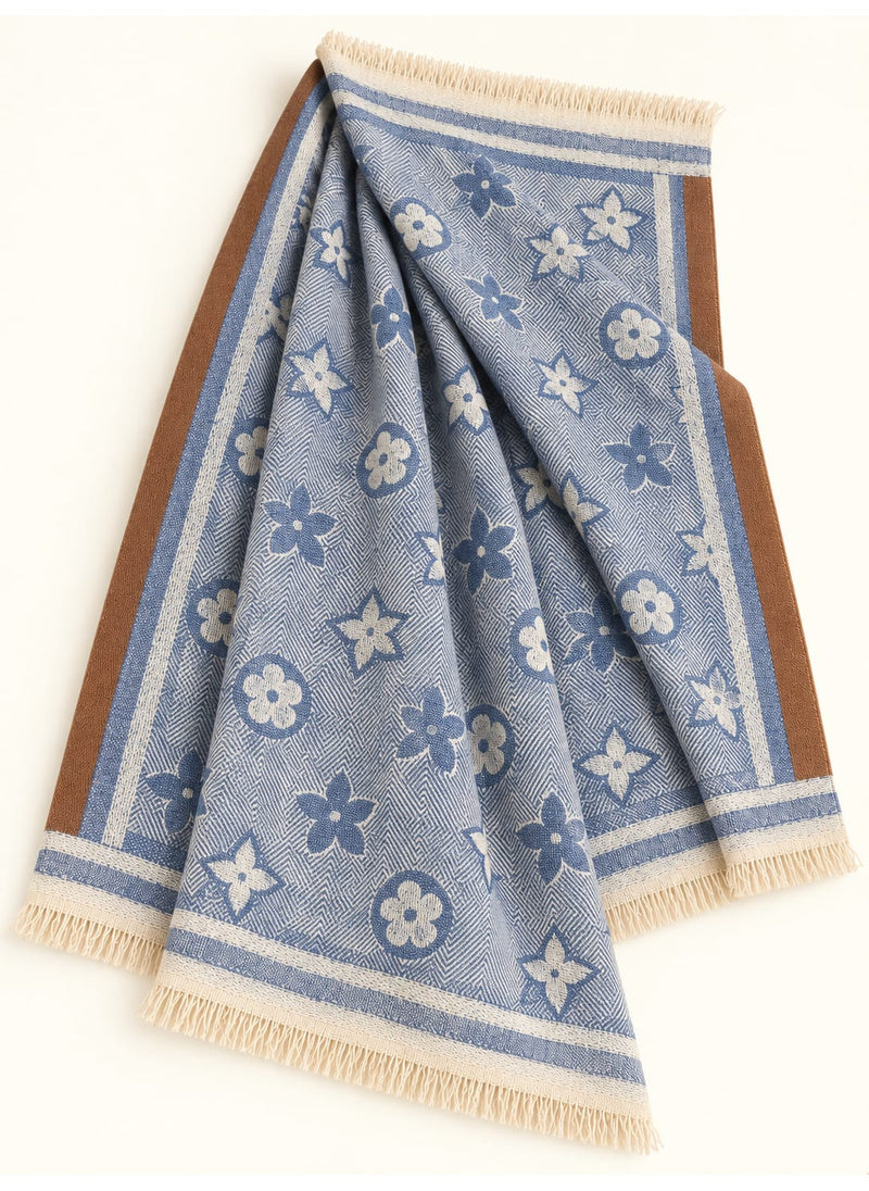 Denim Blue floral wool winter scarf, 31 x 72 inches, flat-lay showing floral pattern, borders and fringed ends | Hijab Ul Hareem