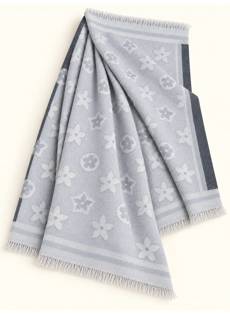 Icy Grey floral wool winter scarf, 31 x 72 inches, flat-lay showing floral pattern, borders and fringed ends | Hijab Ul Hareem