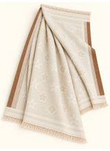 Ivory floral wool winter scarf, 31 x 72 inches, flat-lay showing floral pattern, borders and fringed ends | Hijab Ul Hareem