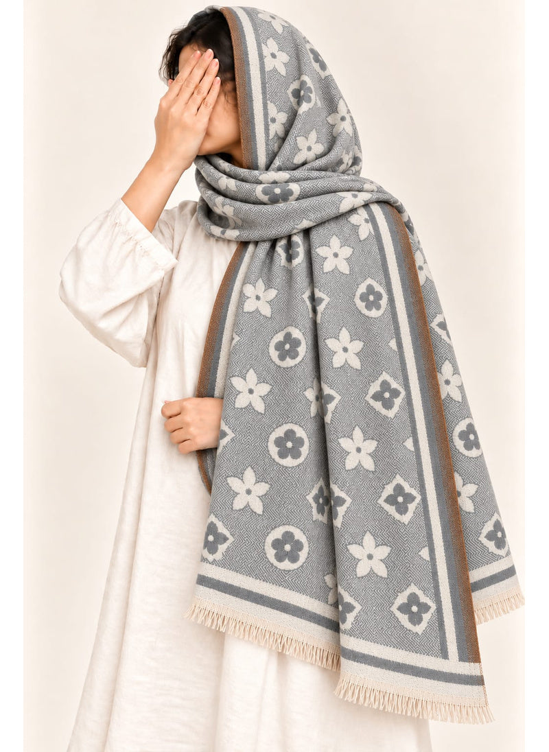 Medium Grey floral wool winter scarf, 31 x 72 inches, worn by a model | Hijab Ul Hareem