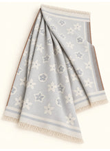 Pale Silver floral wool winter scarf, 31 x 72 inches, flat-lay showing floral pattern, borders and fringed ends | Hijab Ul Hareem