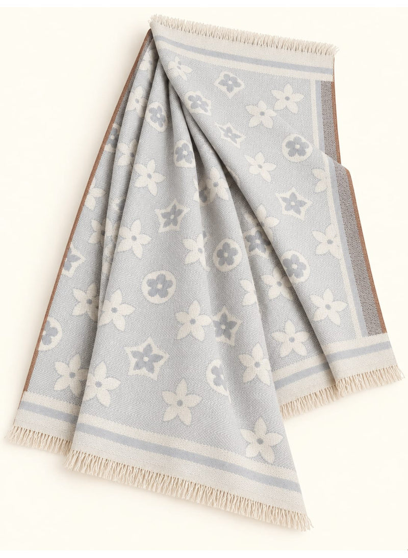 Pale Silver floral wool winter scarf, 31 x 72 inches, flat-lay showing floral pattern, borders and fringed ends | Hijab Ul Hareem